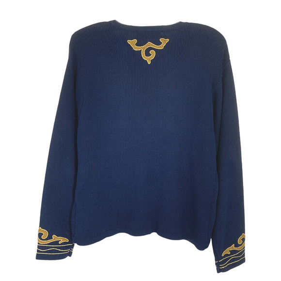 Vtg Portraits x Northern Isles Sz L Navy Blue Gold Applique Cardigan Sweater - Picture 8 of 8